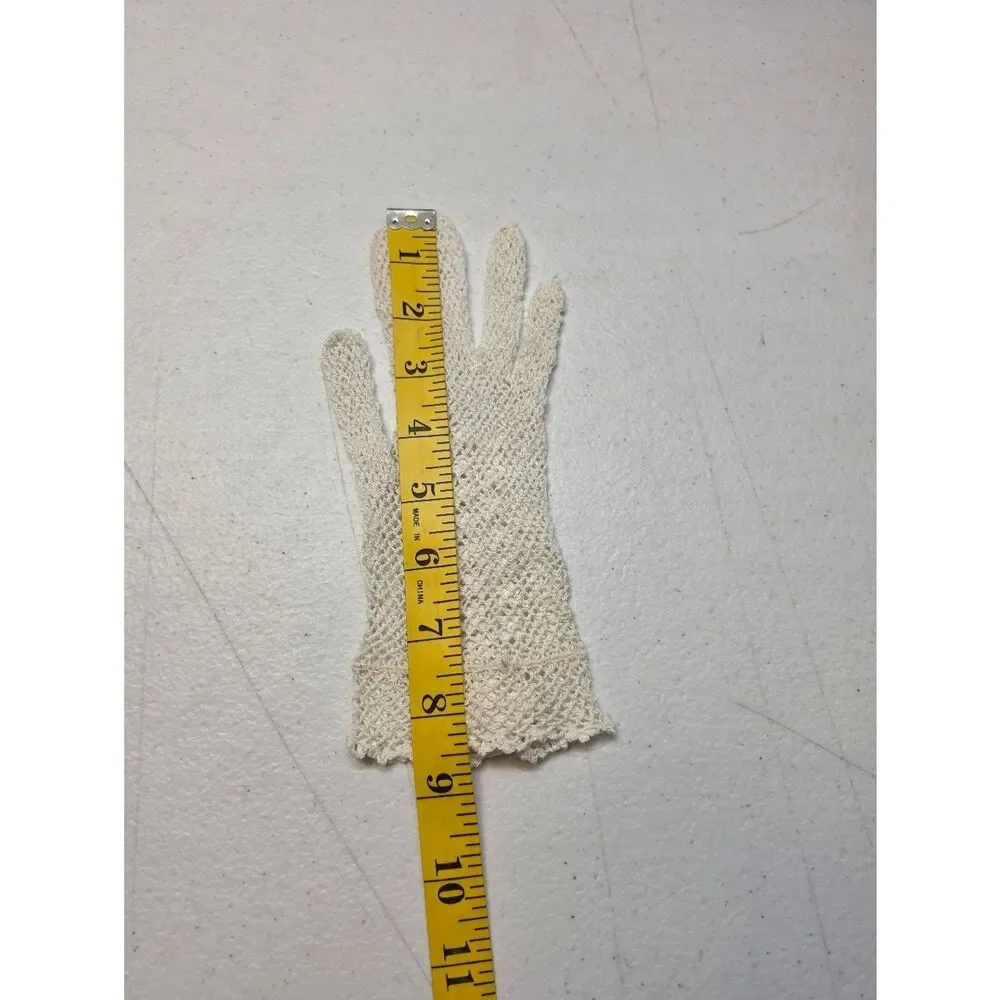 Vintage Crochet Lace Gloves Beaded with Rose Accent See Through